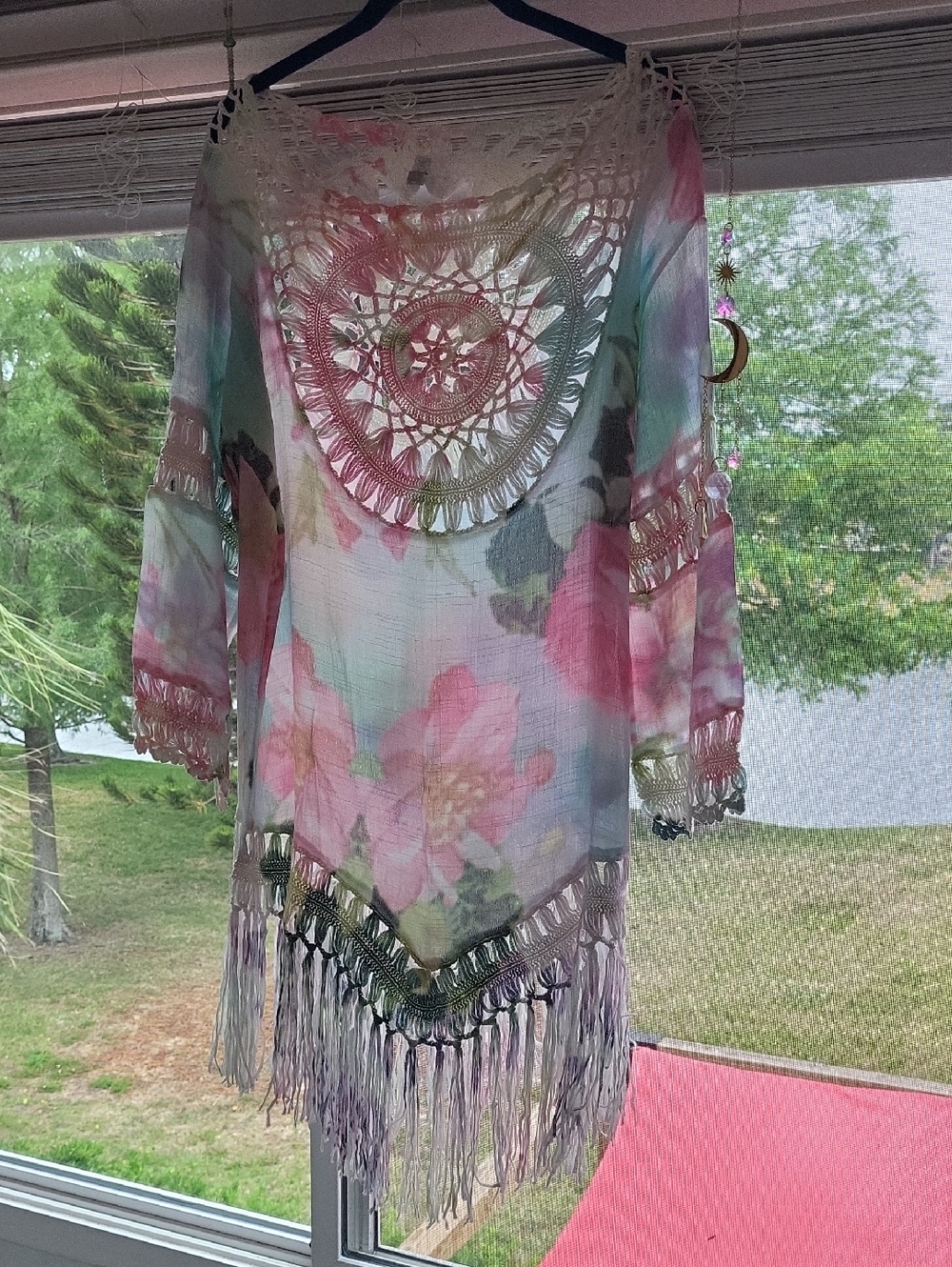 Amiani Pink and Cream Crochet Fringe Top